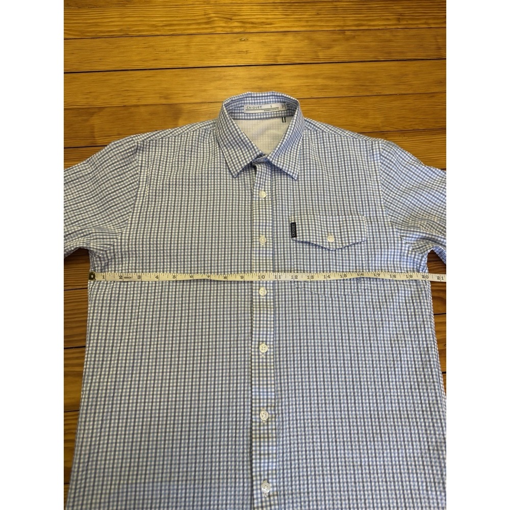 Criquet Mens Small Seersucker‎ Shirt Blue White Check Short Sleeve Vented - Picture 6 of 11